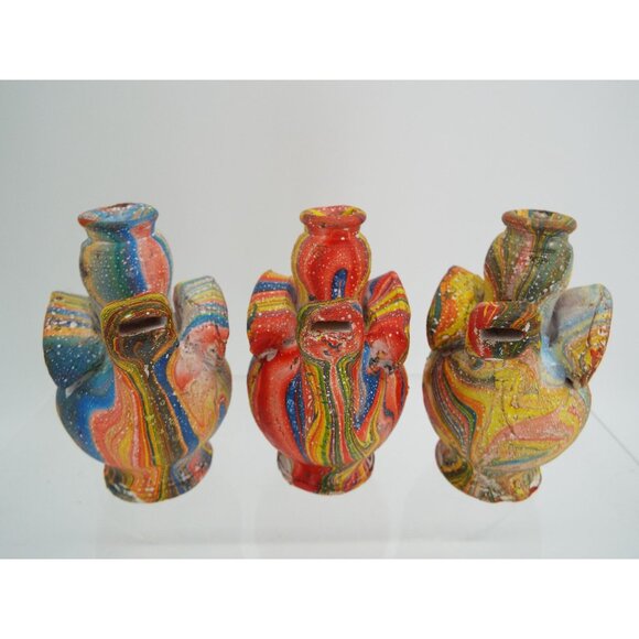 Multicolor Marbled Chicken Rooster Clay Whistle Figurines Folk Art Set of 3 - Picture 4 of 16